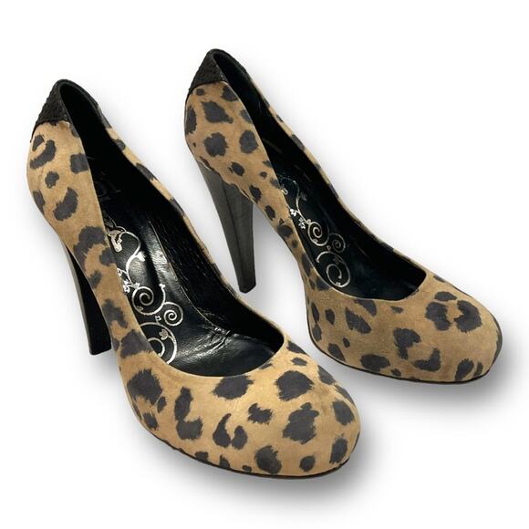TIBI NEW YORK Suede Leather Cheetah Tan & Black Reptile Accent Back of Heels 10 - Picture 1 of 16